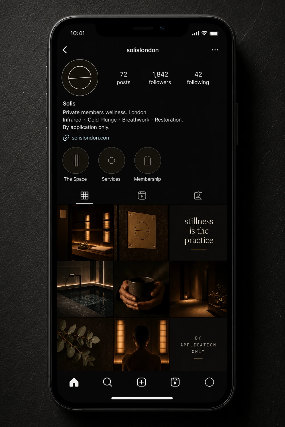 The Solis Instagram feed after: the dark solislondon grid, bronze mark and quiet imagery