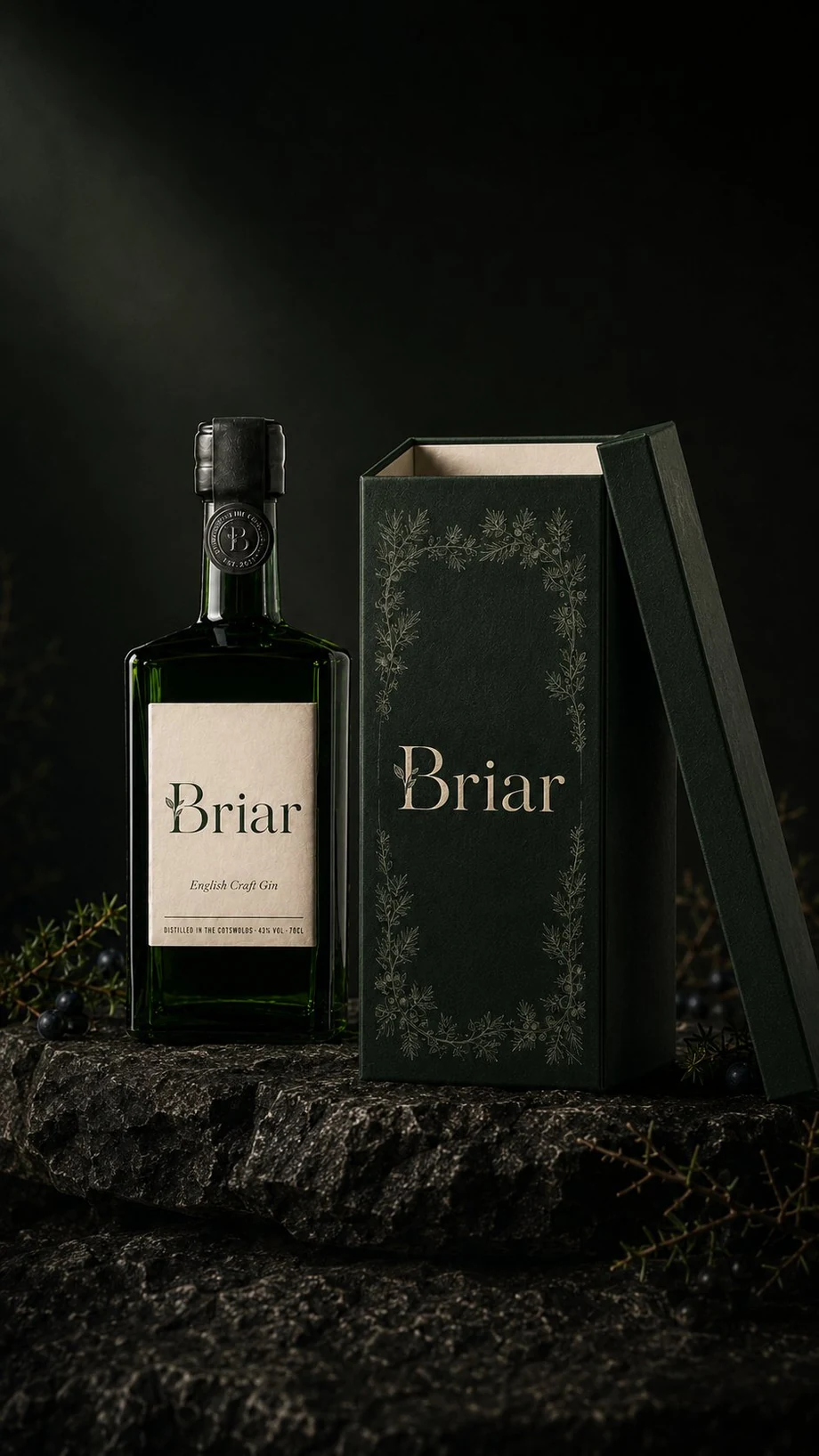 The Briar presentation box, deep green with an engraved juniper border