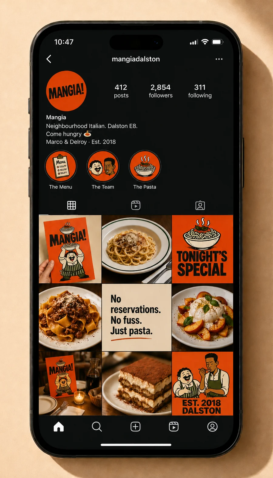The Mangia Instagram feed after: the bold mangiadalston grid, orange mark and characterful posts