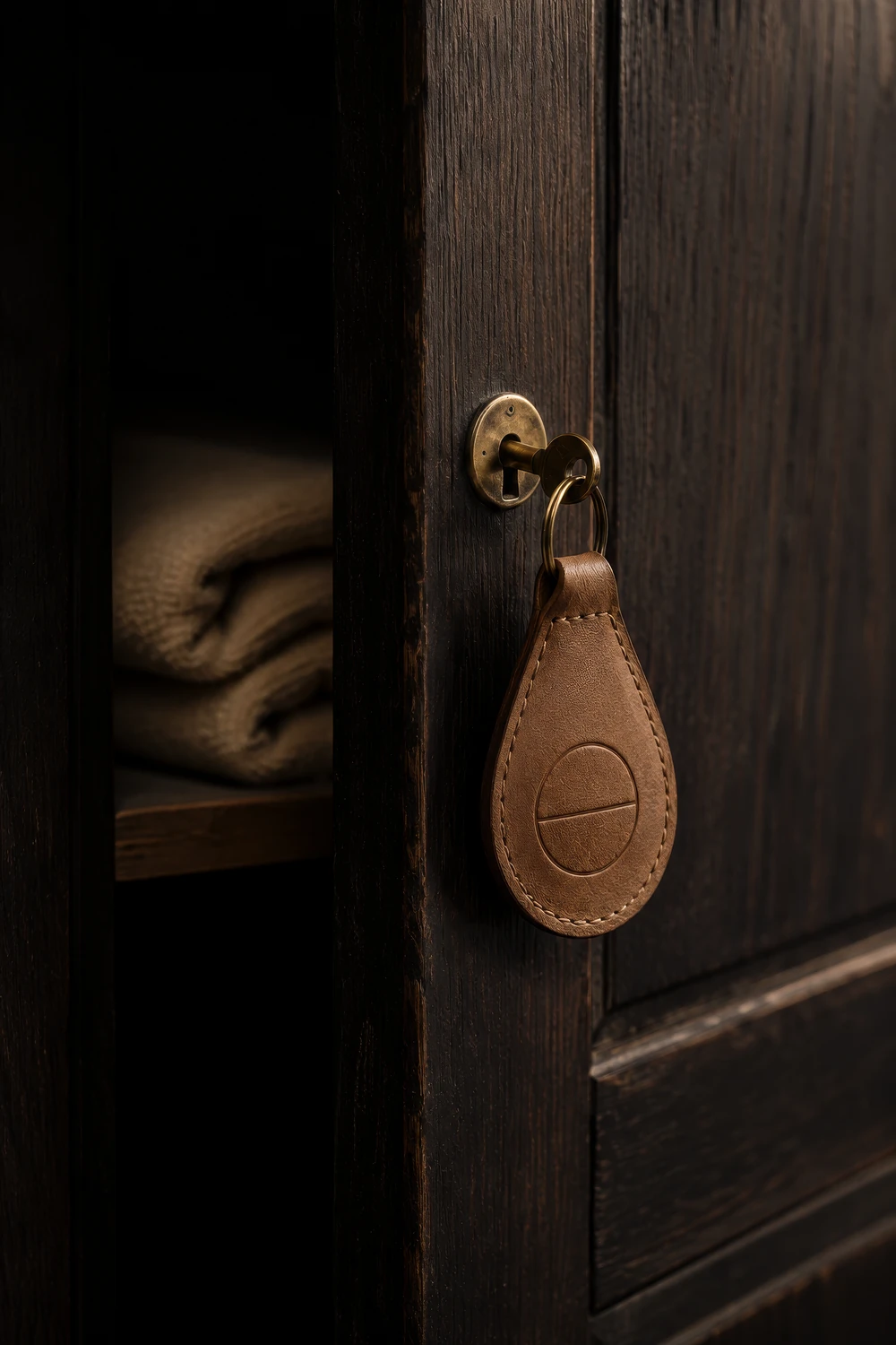 A Solis locker ajar in a dim changing room, a brass key in the lock on a tan leather fob embossed with the mark, folded towels inside