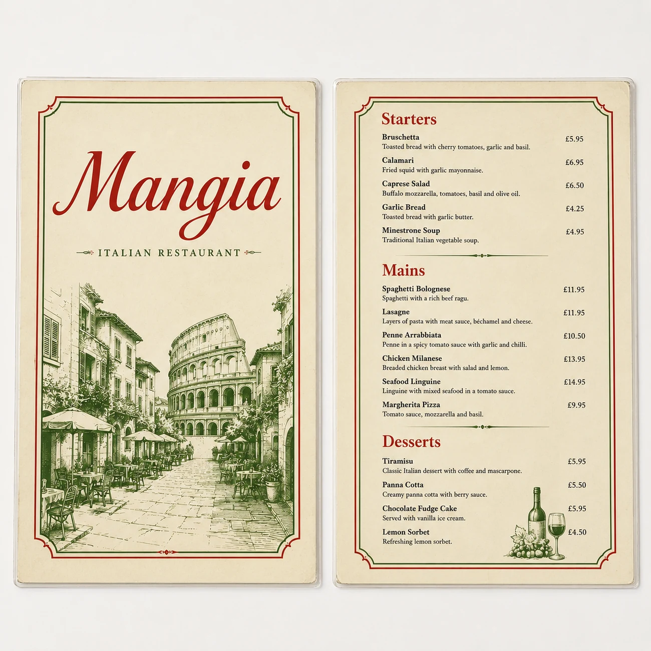 The original Mangia menu: laminated boards, Colosseum cover, Times New Roman