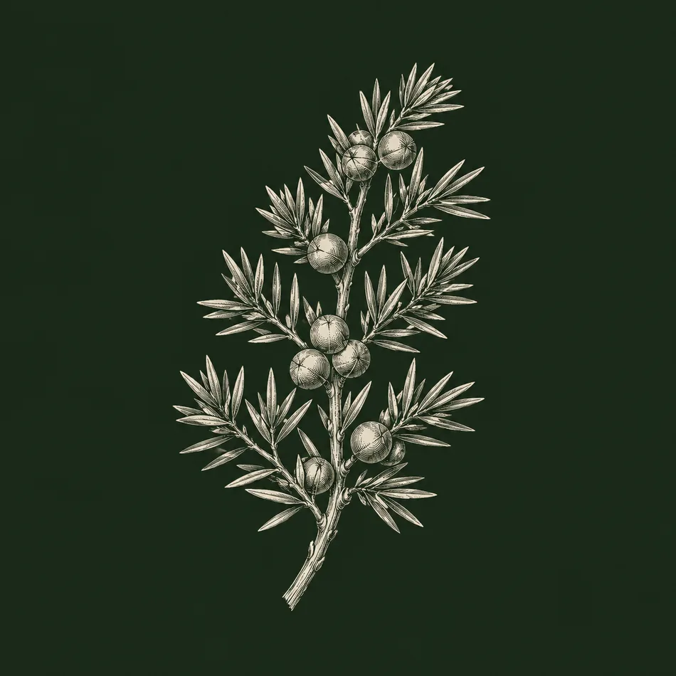 A juniper branch drawn as a fine engraving on bottle green