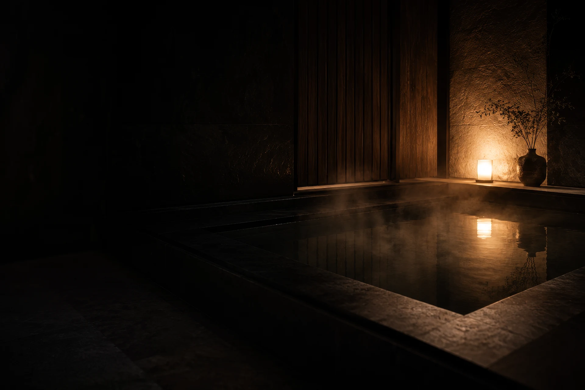 A private Solis wellness sanctuary at rest: a still dark stone plunge pool veiled in steam, lit by a single candle
