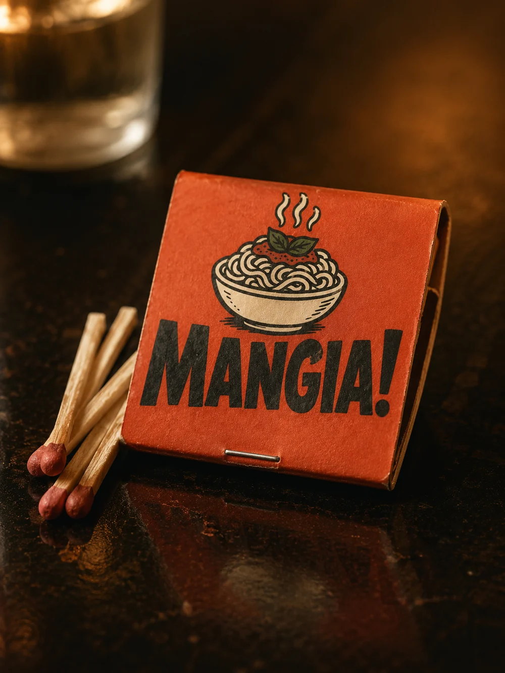 A Mangia matchbook in warm low light
