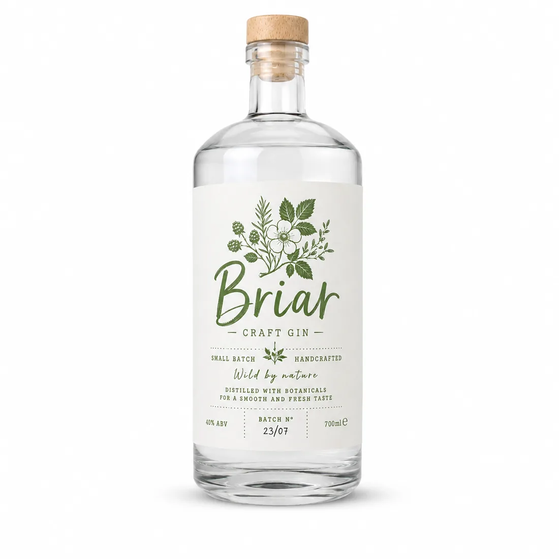 The original Briar bottle: clear glass, script logo, crowded label