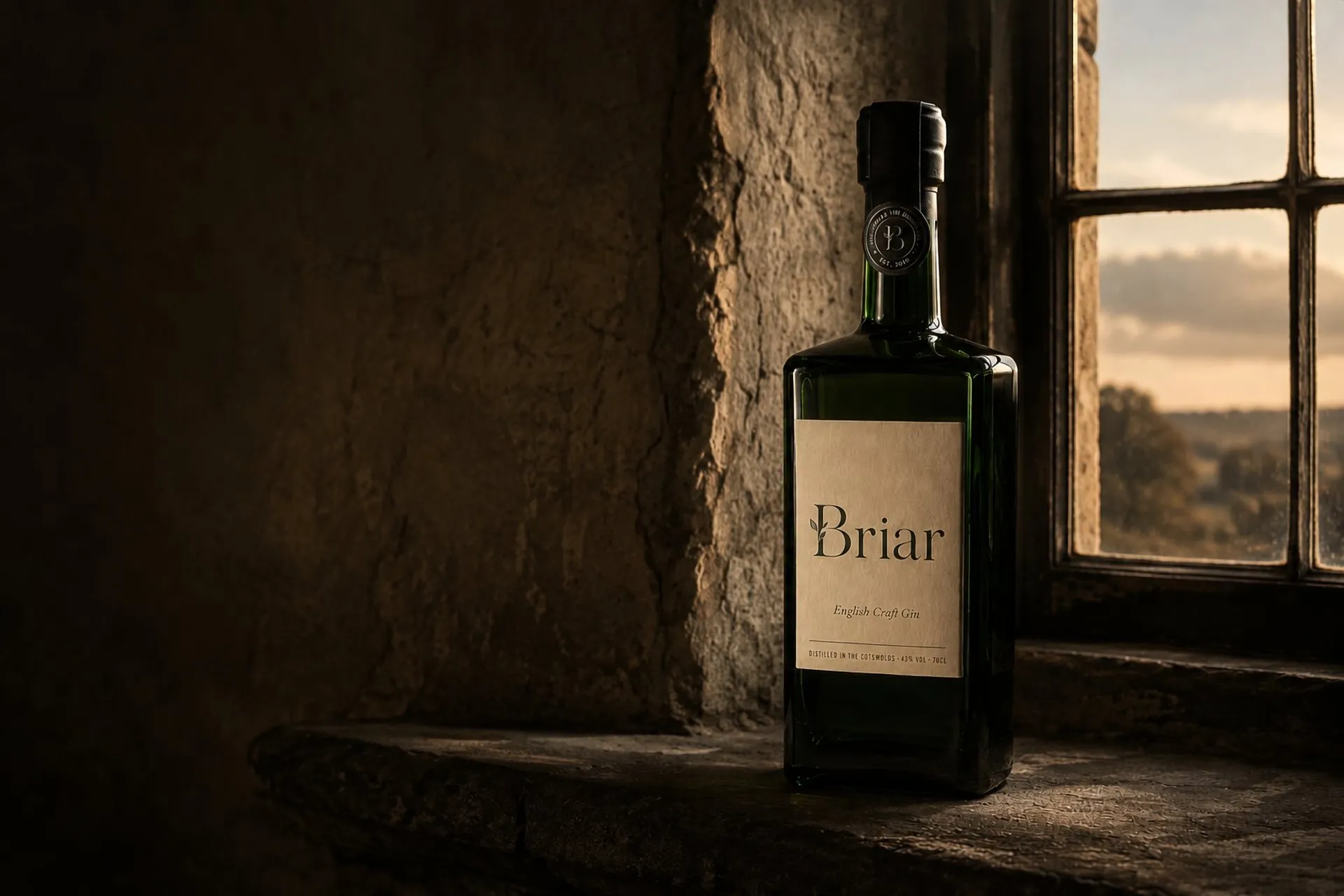 The Briar bottle on a stone windowsill, lit by late sun over the Cotswolds