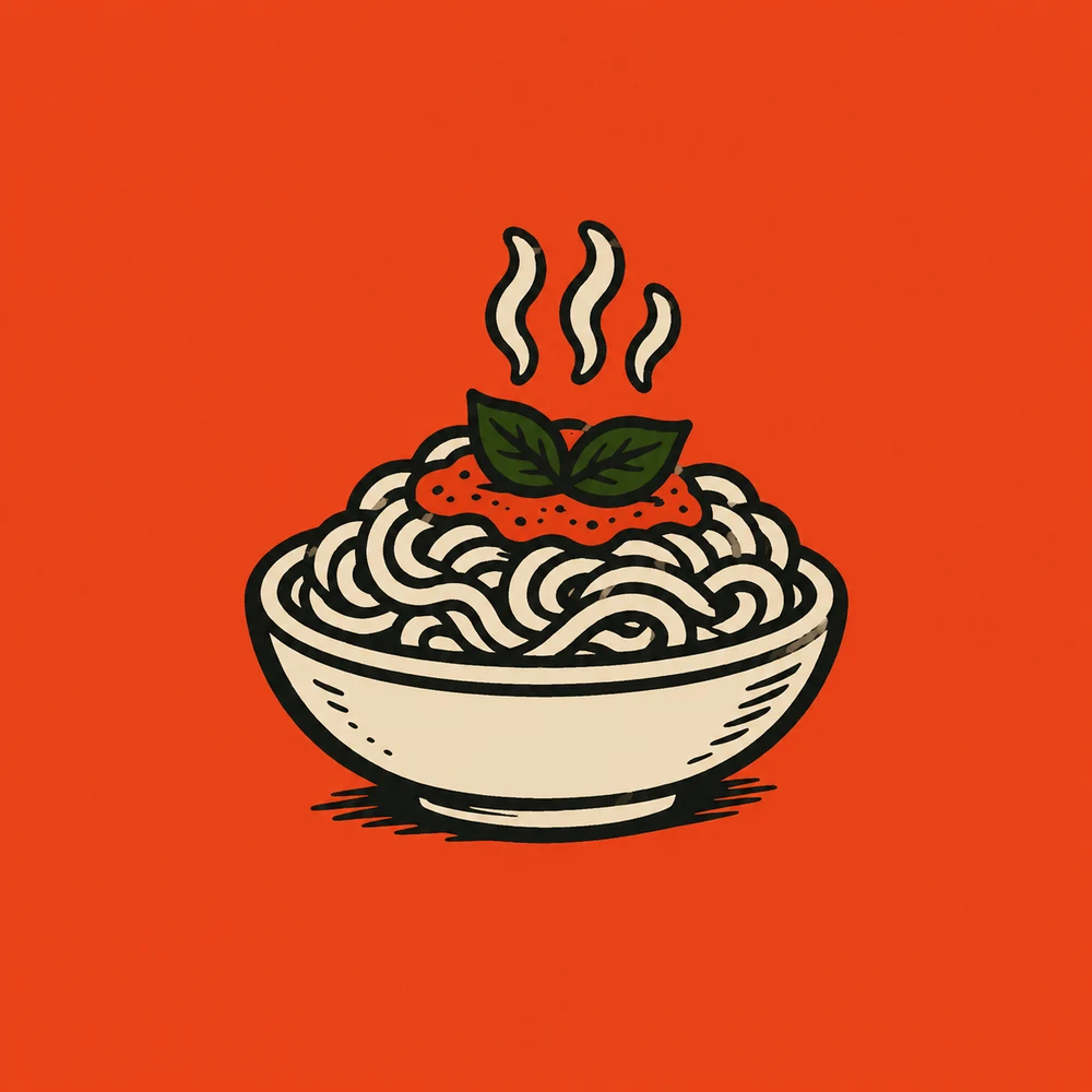 The Mangia mark: a steaming bowl of pasta, the brand symbol, on burnt orange