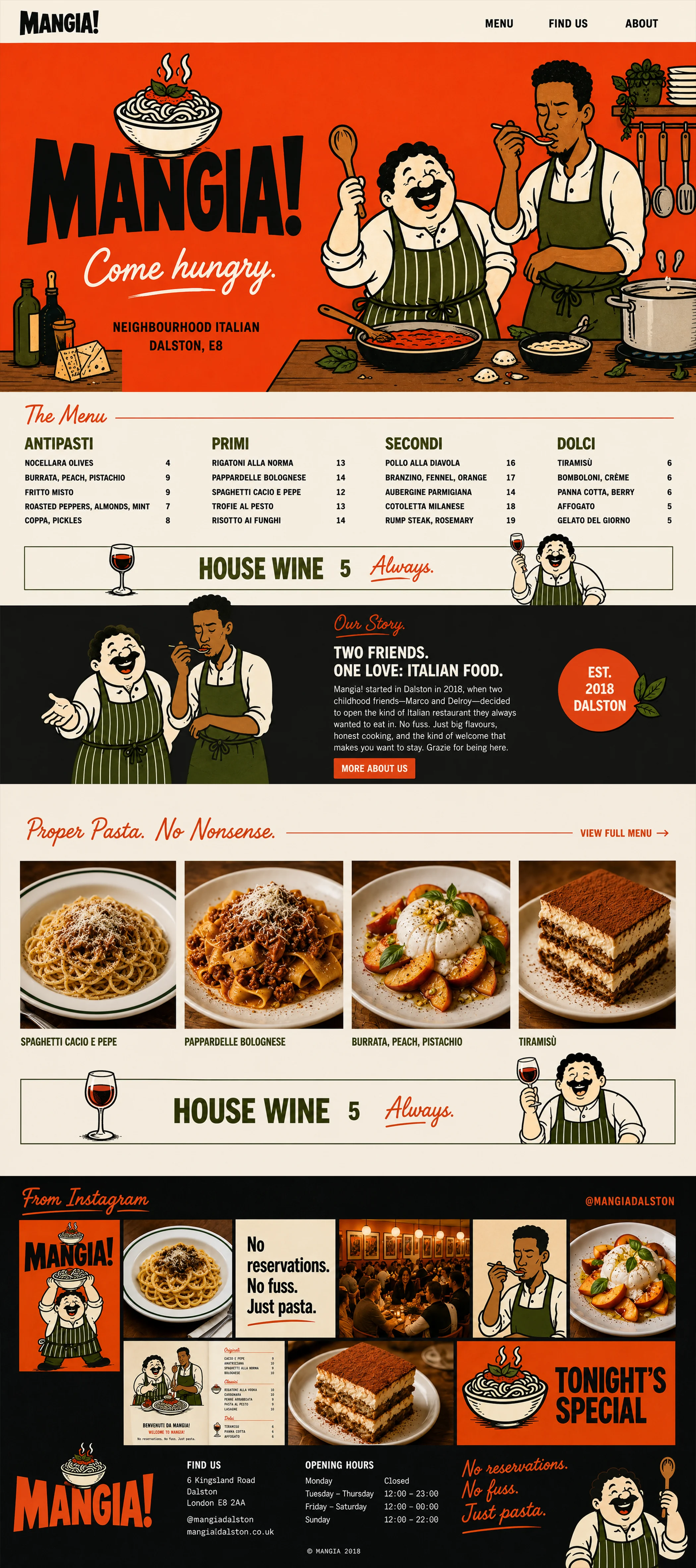 The new Mangia website, full homepage: bold illustrated hero, menu and story