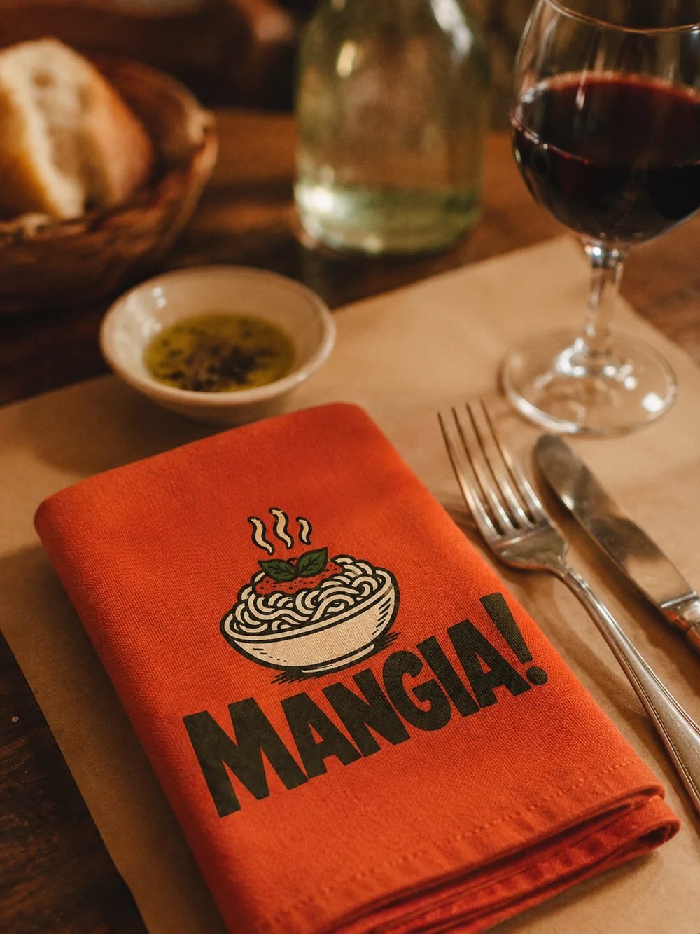 A burnt orange Mangia napkin folded at a laid table