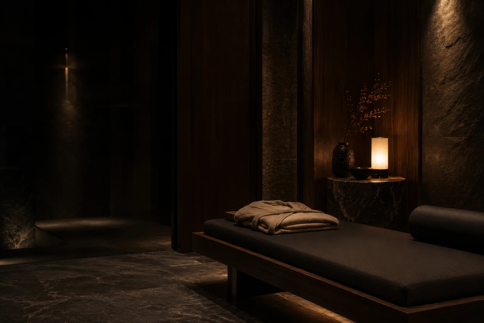 A hushed private Solis members' lounge at rest: a low bench with a folded robe, a candle and stone in warm low light