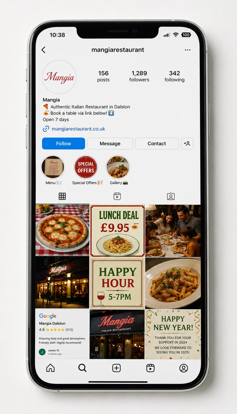The Mangia Instagram feed before: the generic mangiarestaurant grid, red script logo and stock photography