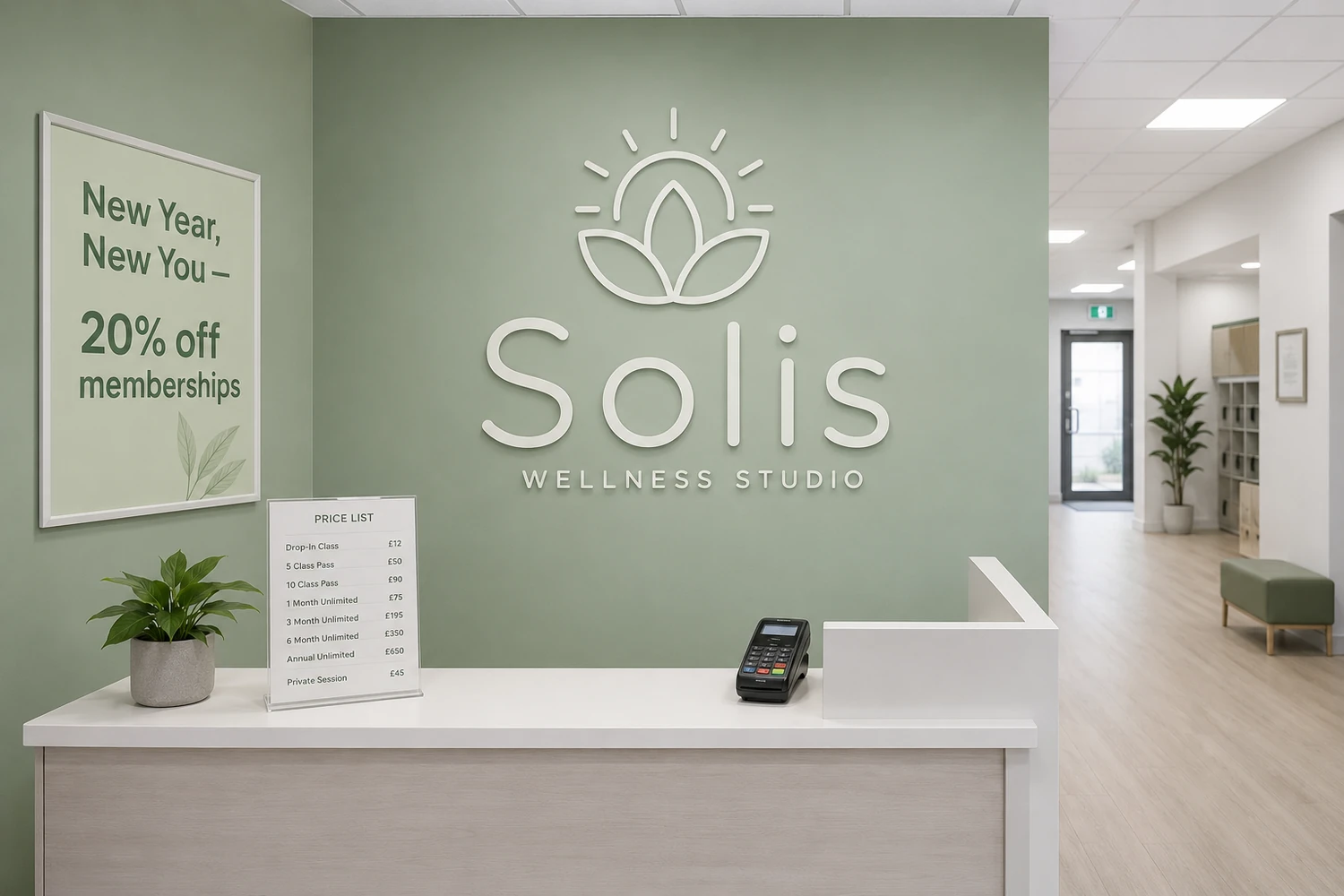 The original Solis studio: a bright sage-green high-street reception with a lotus logo, a discount poster and a price list