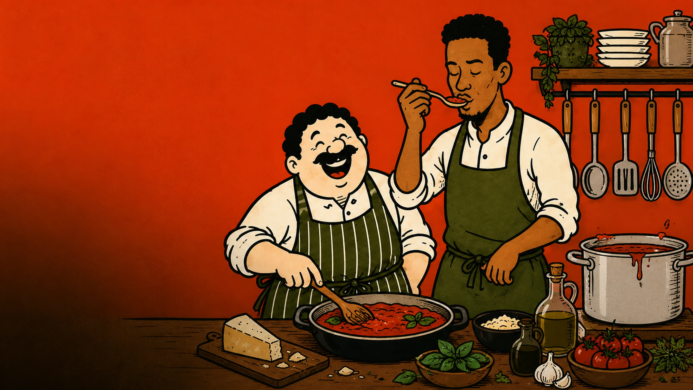 Marco and Delroy cooking together, the Mangia chefs, illustrated
