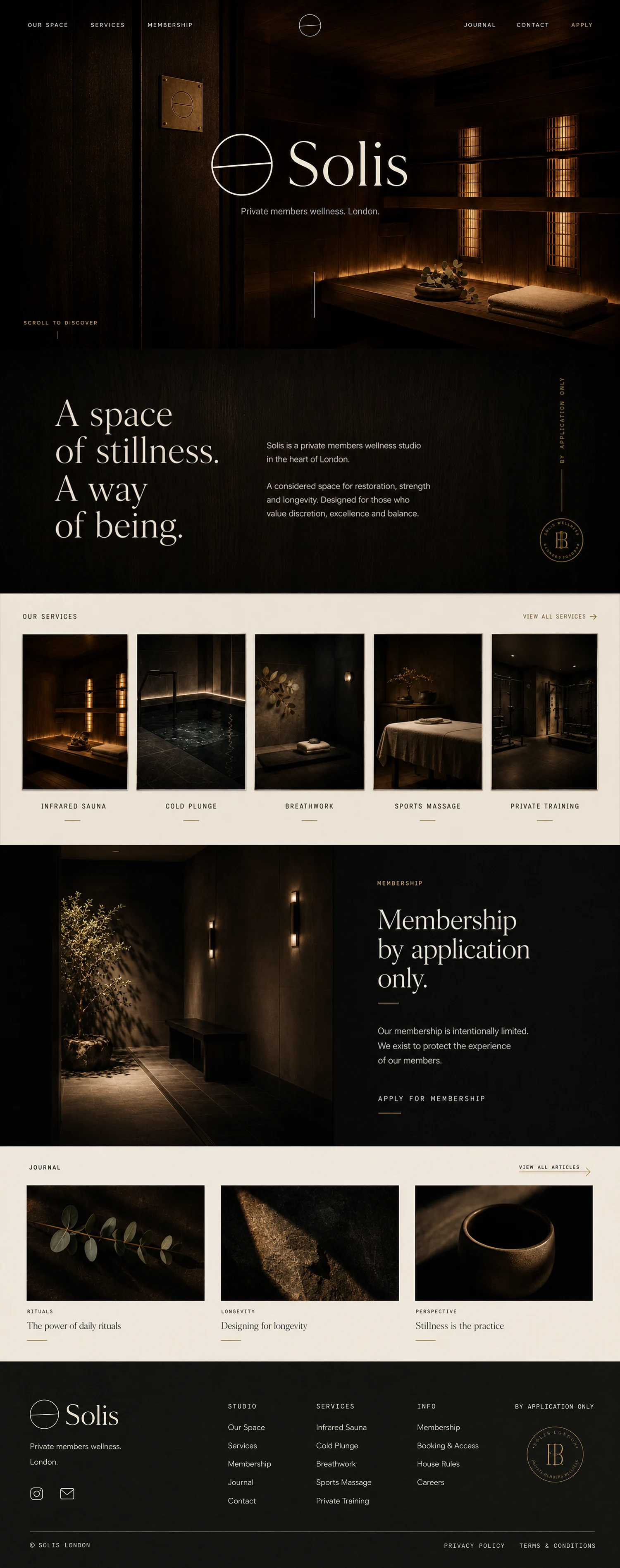The new Solis website, full homepage: dark hero, services and membership by application