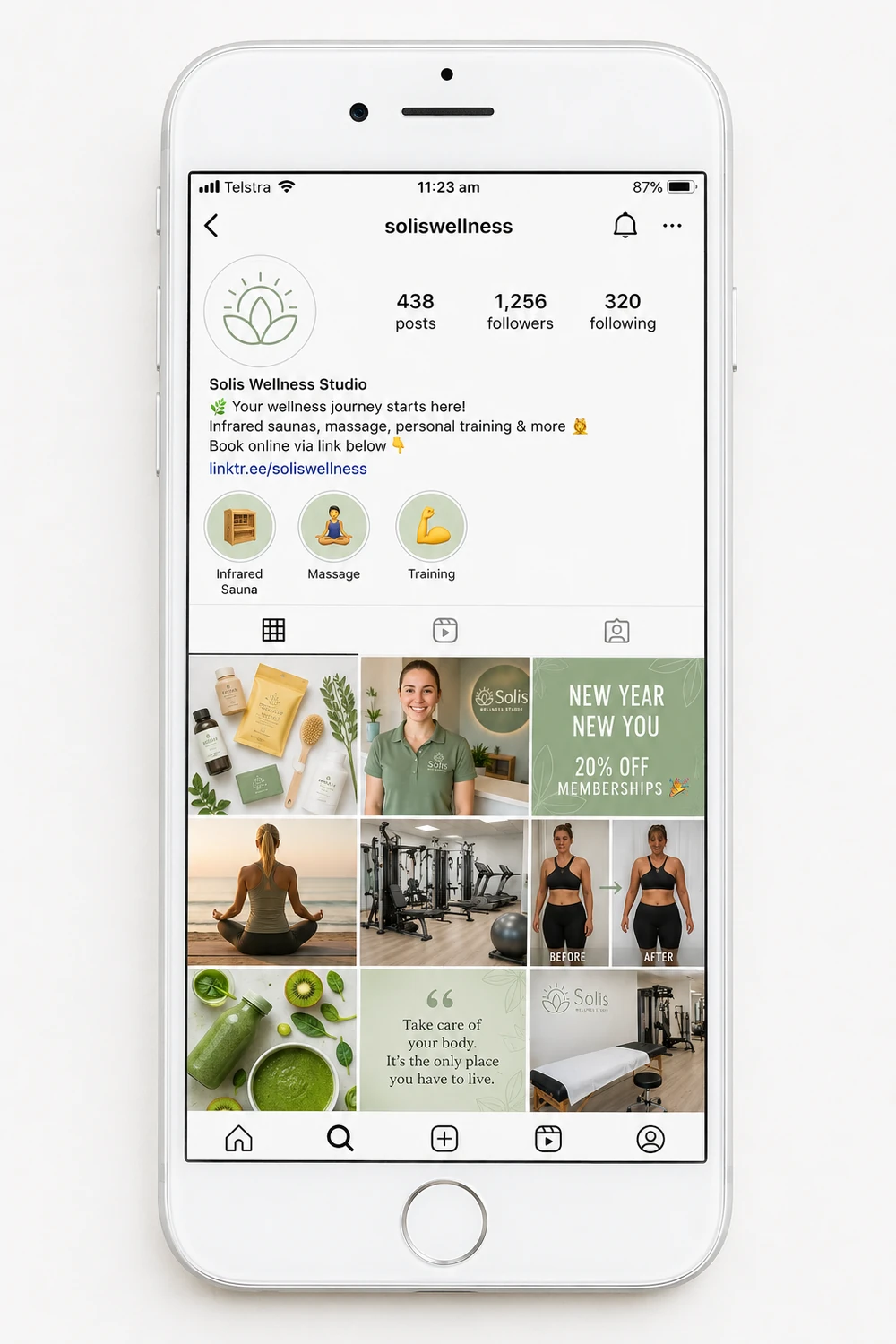 The Solis Instagram feed before: the generic soliswellness grid, green lotus and stock photography