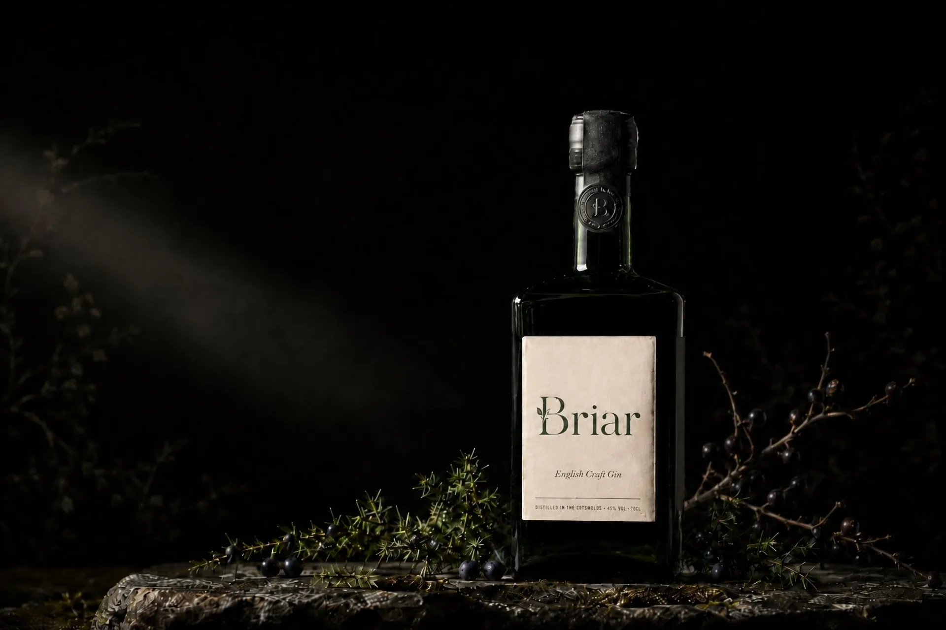 A bottle of Briar English craft gin standing on weathered stone, lit low against dark foliage and sloe berries