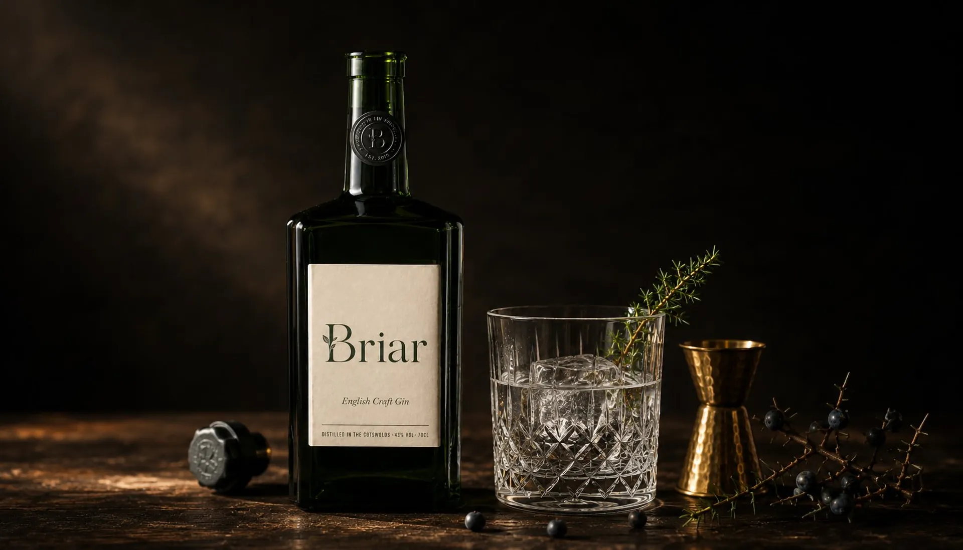 Briar served neat beside a cut-glass tumbler and a brass jigger