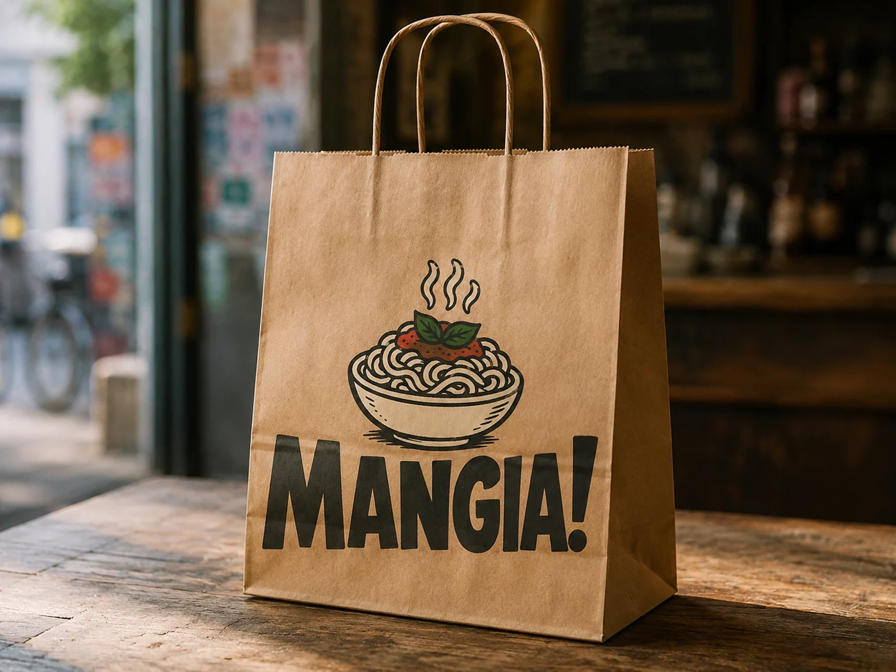 A Mangia kraft takeaway bag printed with the logo, on a Dalston street
